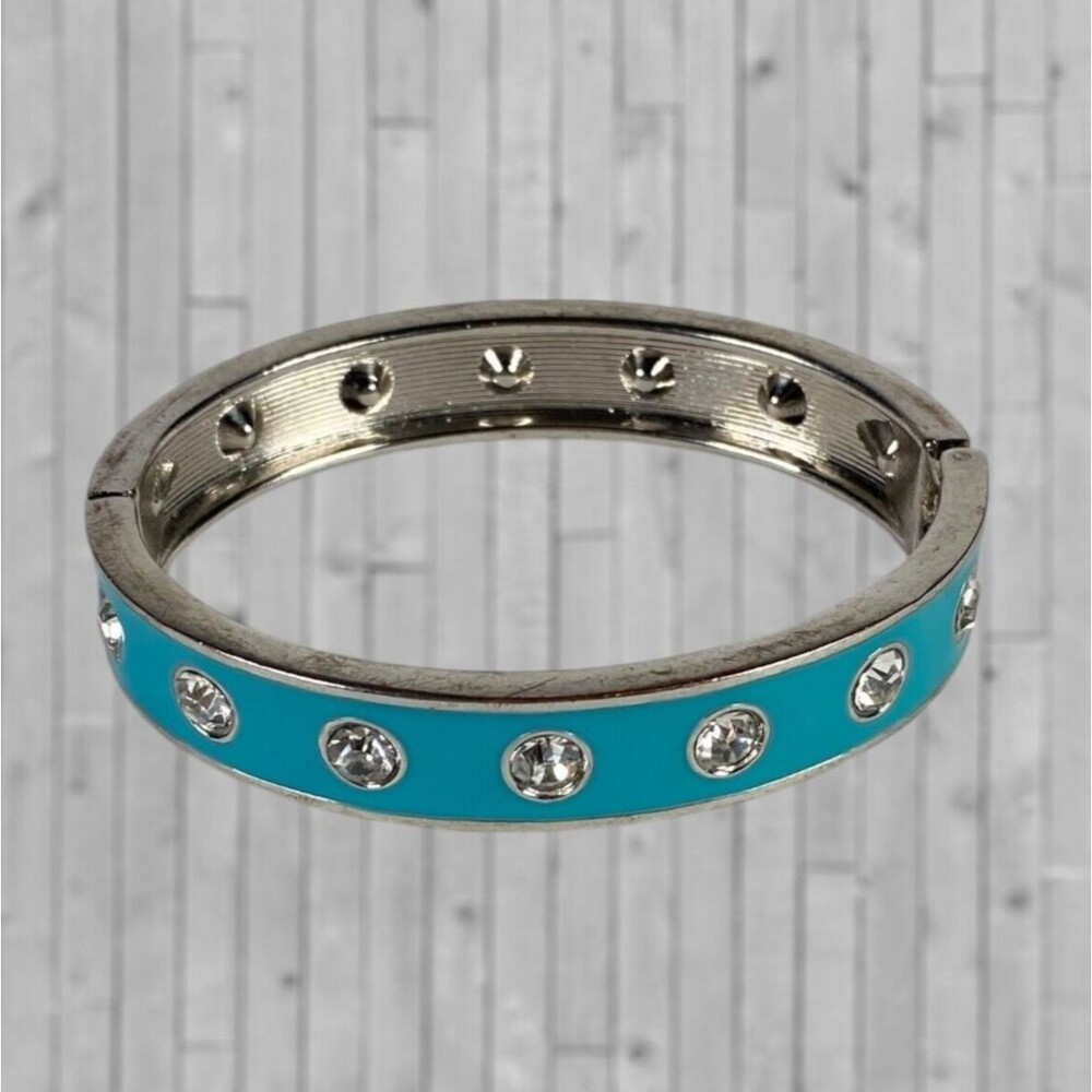 Vintage Enamel Rhinestone Studded Bracelet Turquoise Blue Hinged Bangle Clamper